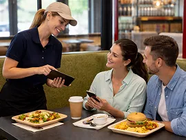 Chain restaurant staff serving guests
