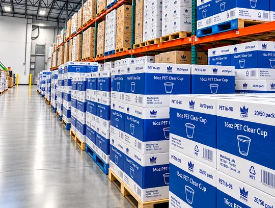 Pallets of Crown PET lids stacked in the Houston warehouse
